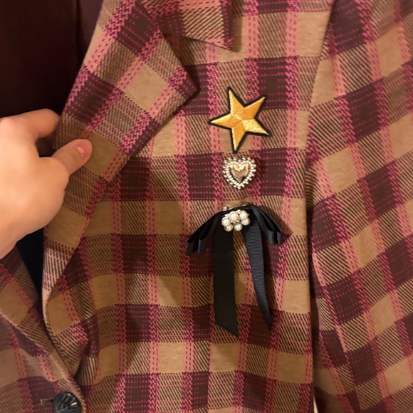 Anthropologie Plaid Embroidered Blazer - Brown & Burgundy - Picture 3 of 8